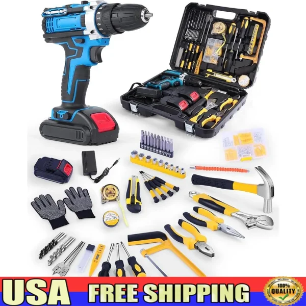 Electric Drill Bit Set Cordless Screwdriver Tool Kit Home Repair Hand Tools Utility Knife Vise Pliers Adjustable Wrench Safety